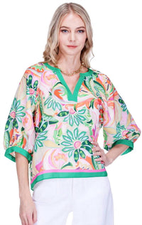 Joy Joy Stitch Trim V-neck Top in patchwork green - women's blouse - alternate view