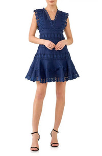 Endless Rose - Navy Plunging Neck Lace Trim Dress