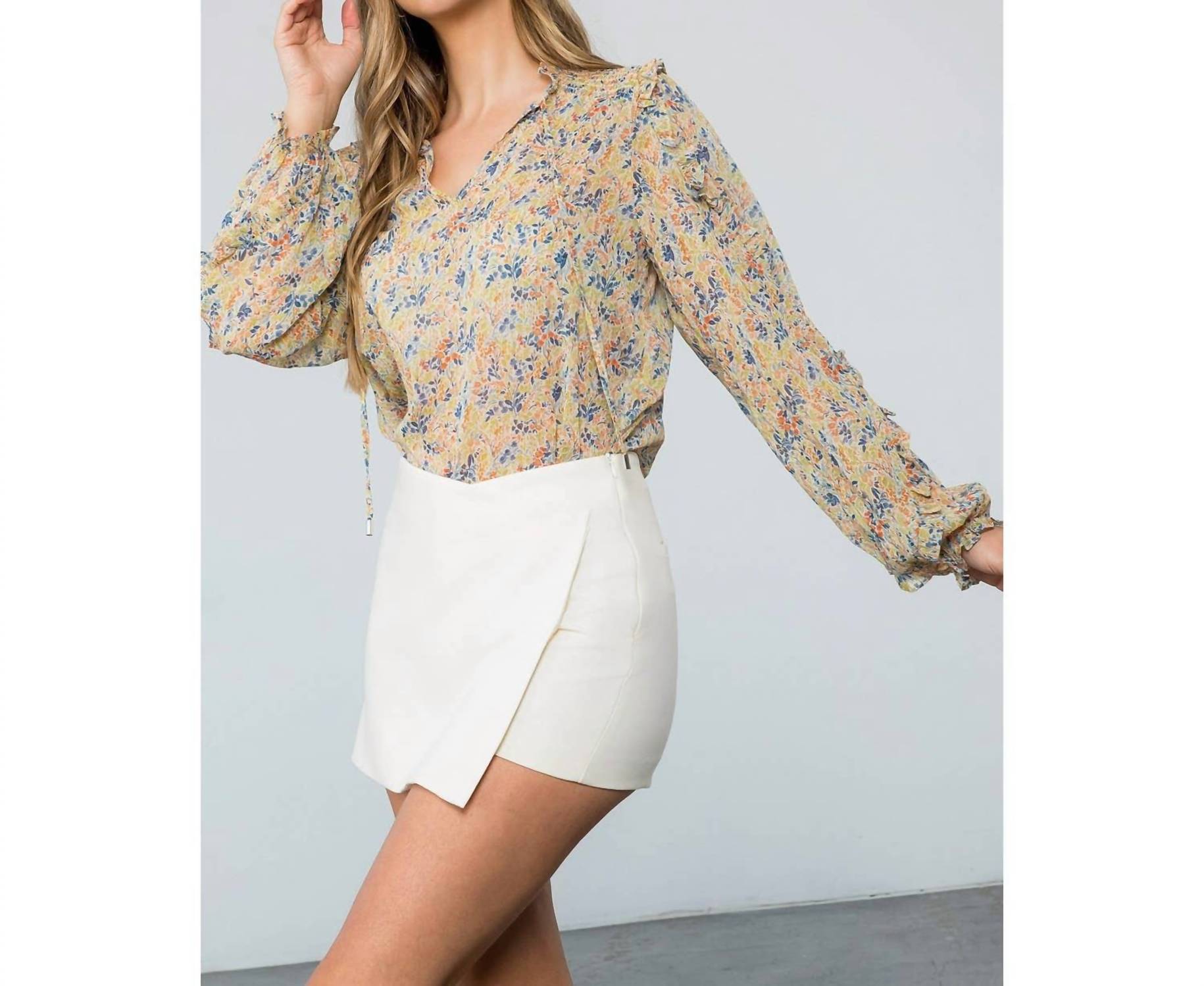 THML Flower Print Long Sleeve Blouse in floral beige - women's blouse - view 8