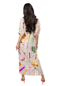 QUEEN OF SPARKLES Teacher Icon Button Up Cotton Midi Dress in rainbow plaid - women's dress - detail view