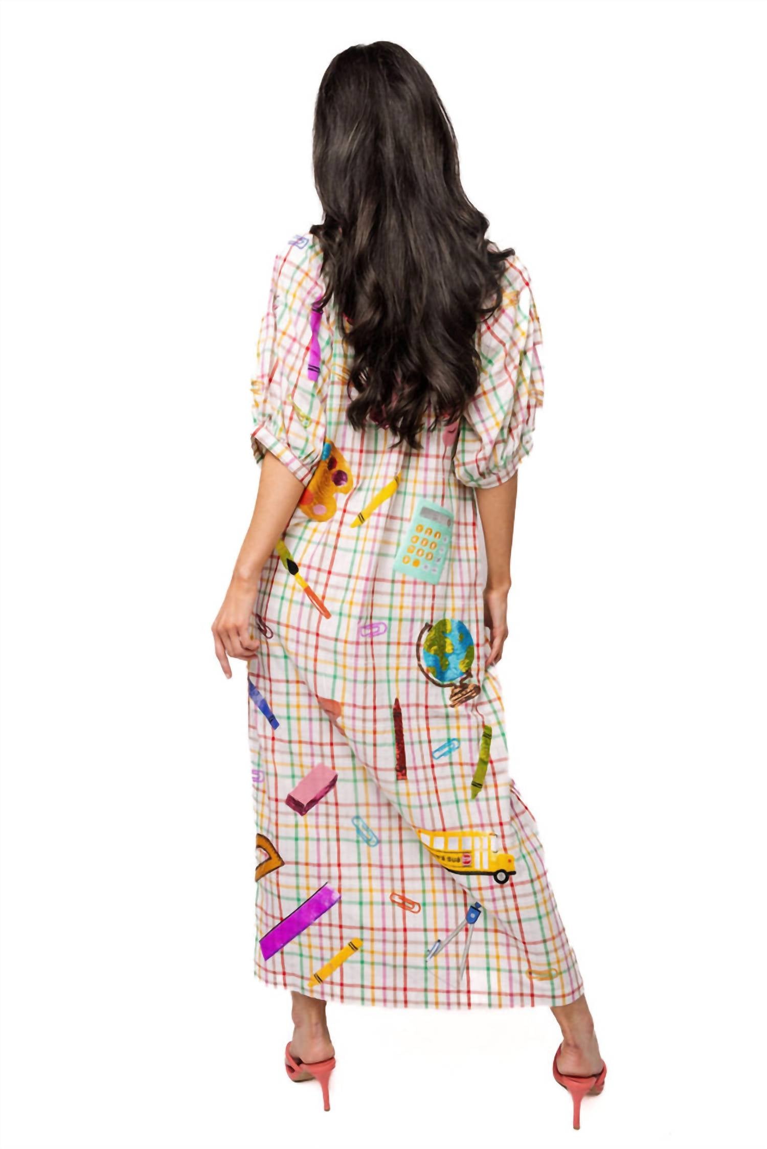 QUEEN OF SPARKLES Teacher Icon Button Up Cotton Midi Dress in rainbow plaid - women's dress - detail view