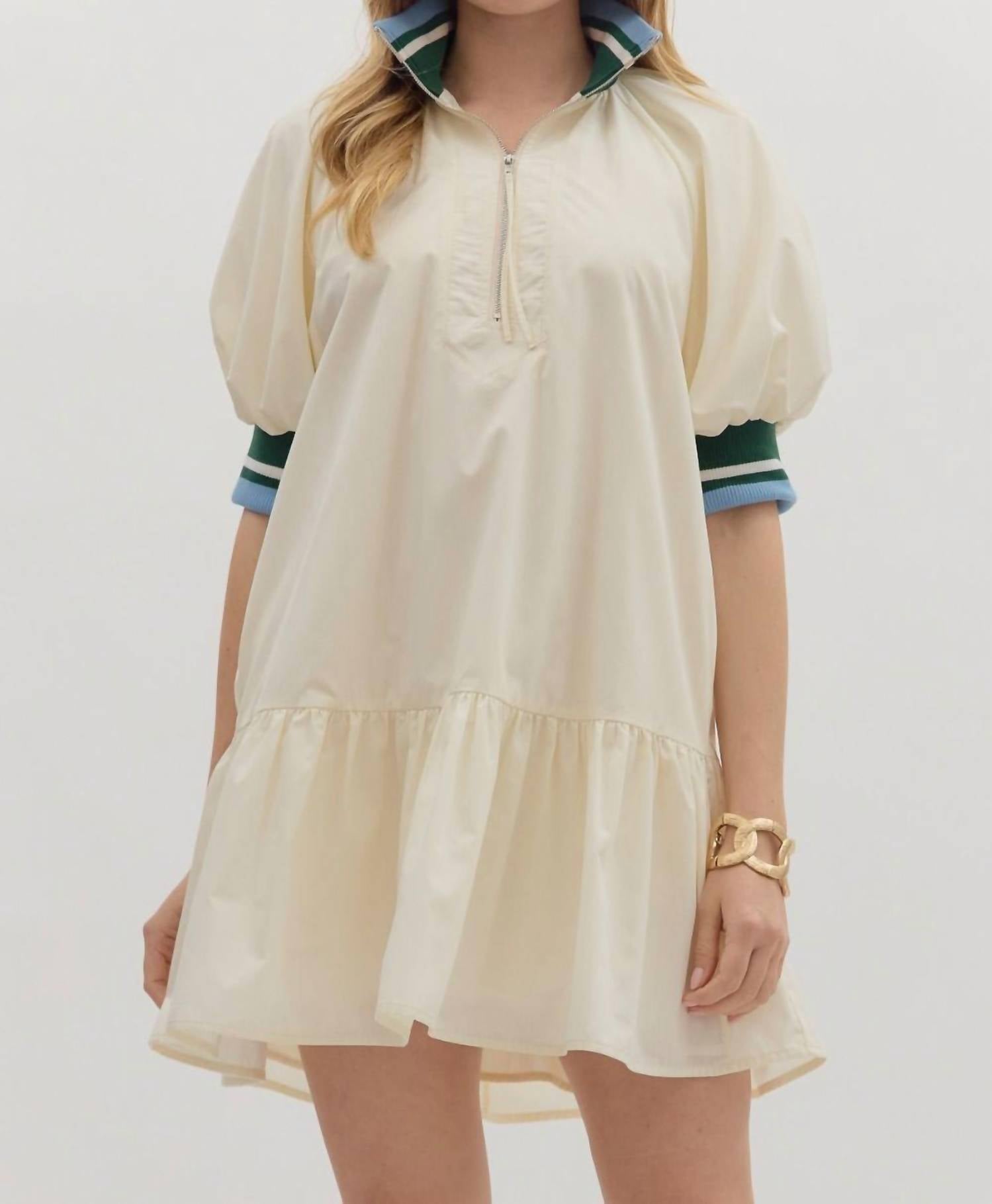 entro Zippered Collar Dress with Contrast Trim in cream - women's dress