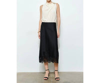 INA Fashion Silky Lace Hemmed Midi Skirt in black - women's skirt