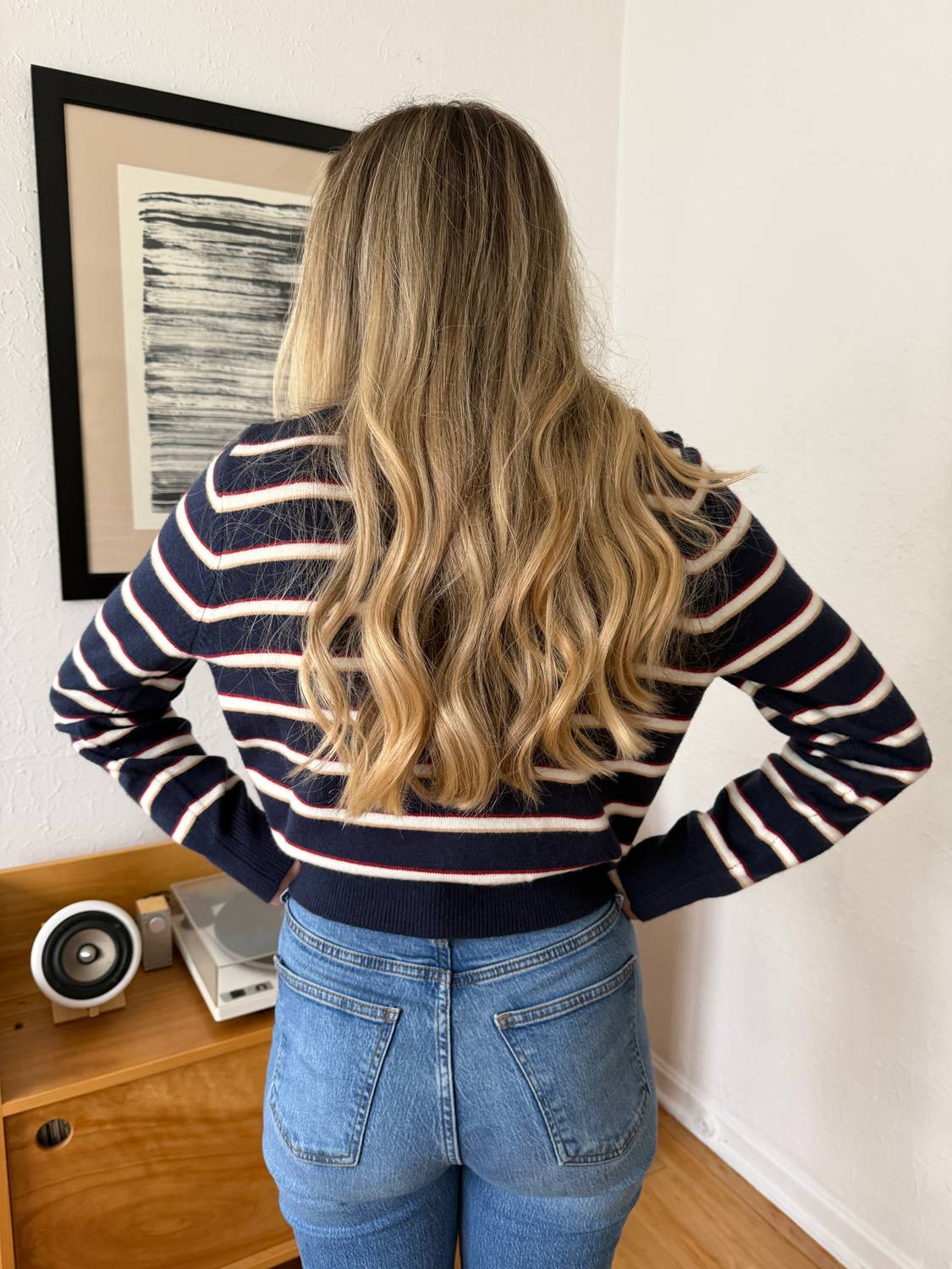 Elle Grey Zara Striped Button Cardigan in navy - women's cardigan - detail view