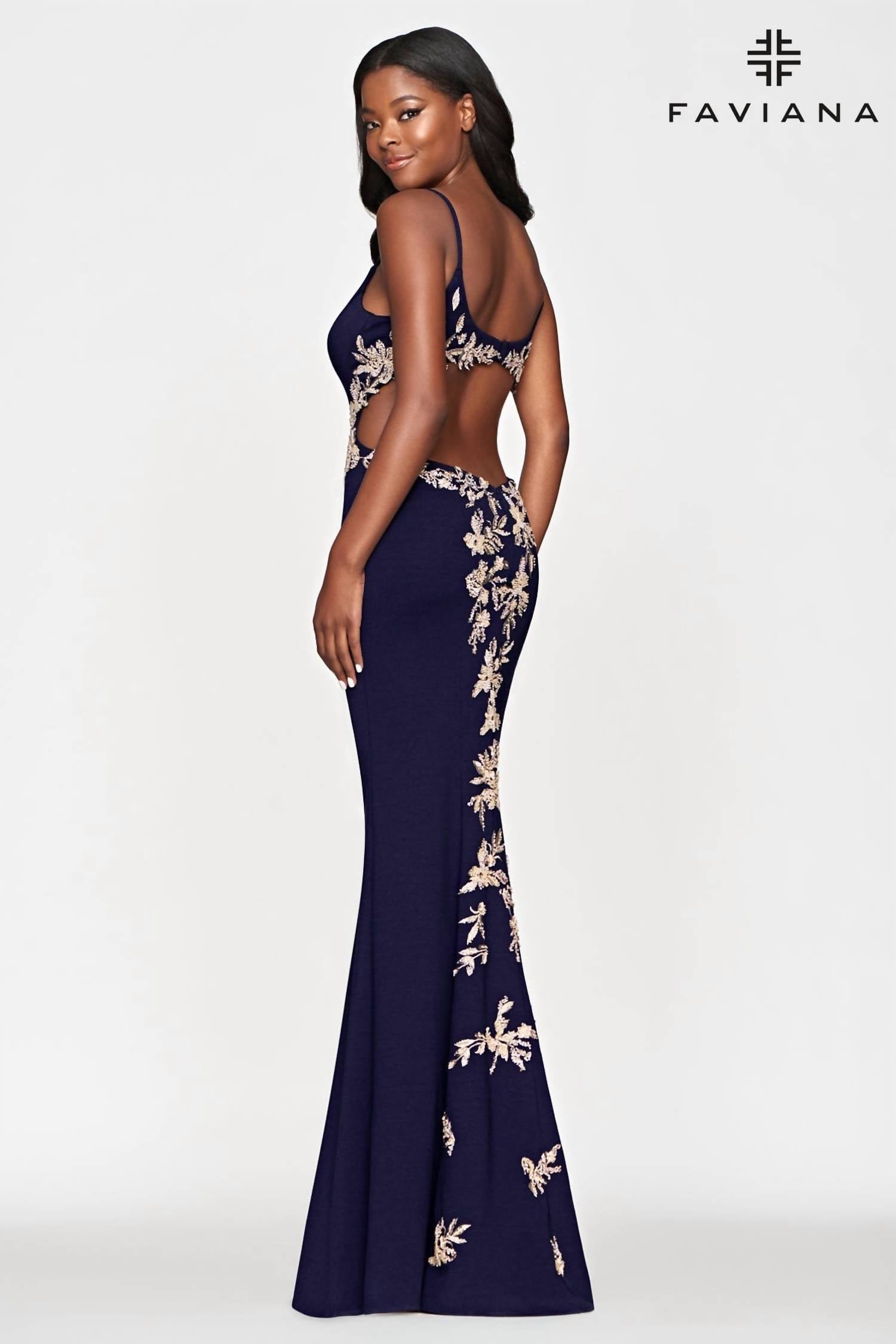 FAVIANA Jersey Cutout With Applique Gown in navy gold - women's dress - alternate view