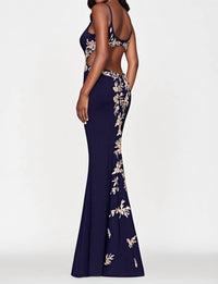 FAVIANA Jersey Cutout With Applique Gown in navy gold - women's dress - detail view