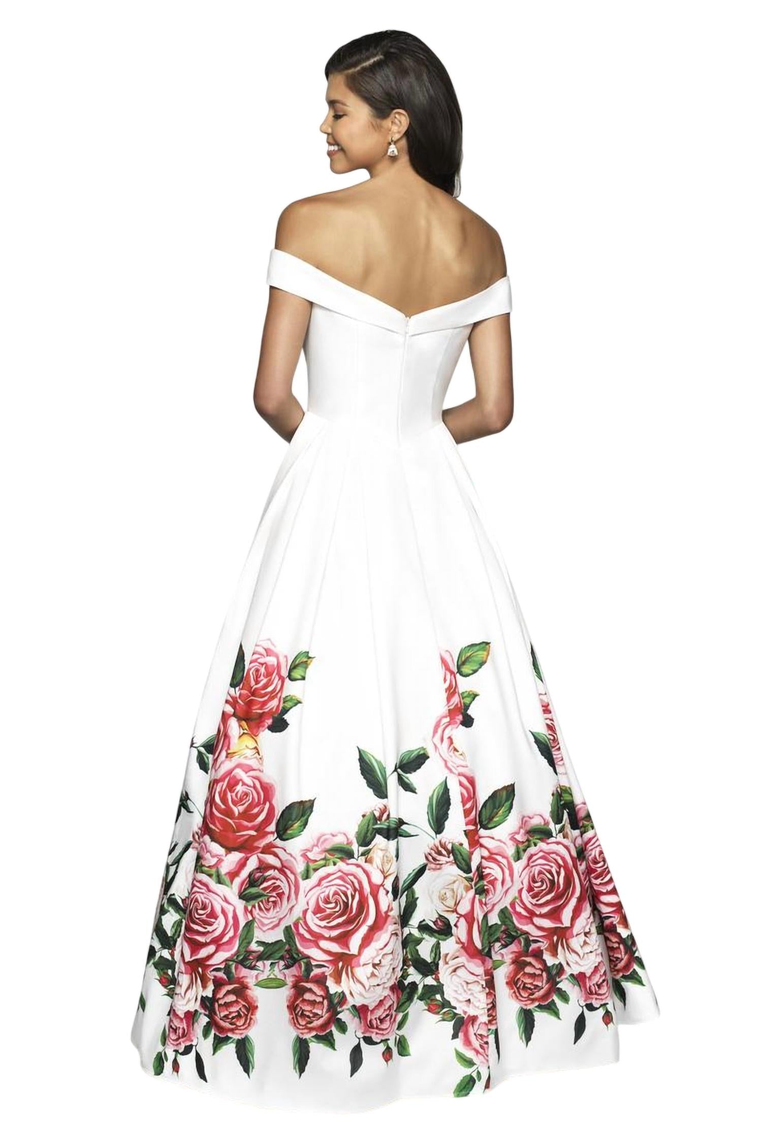 Blush Prom - Off-shoulder Floral Print Ballgown