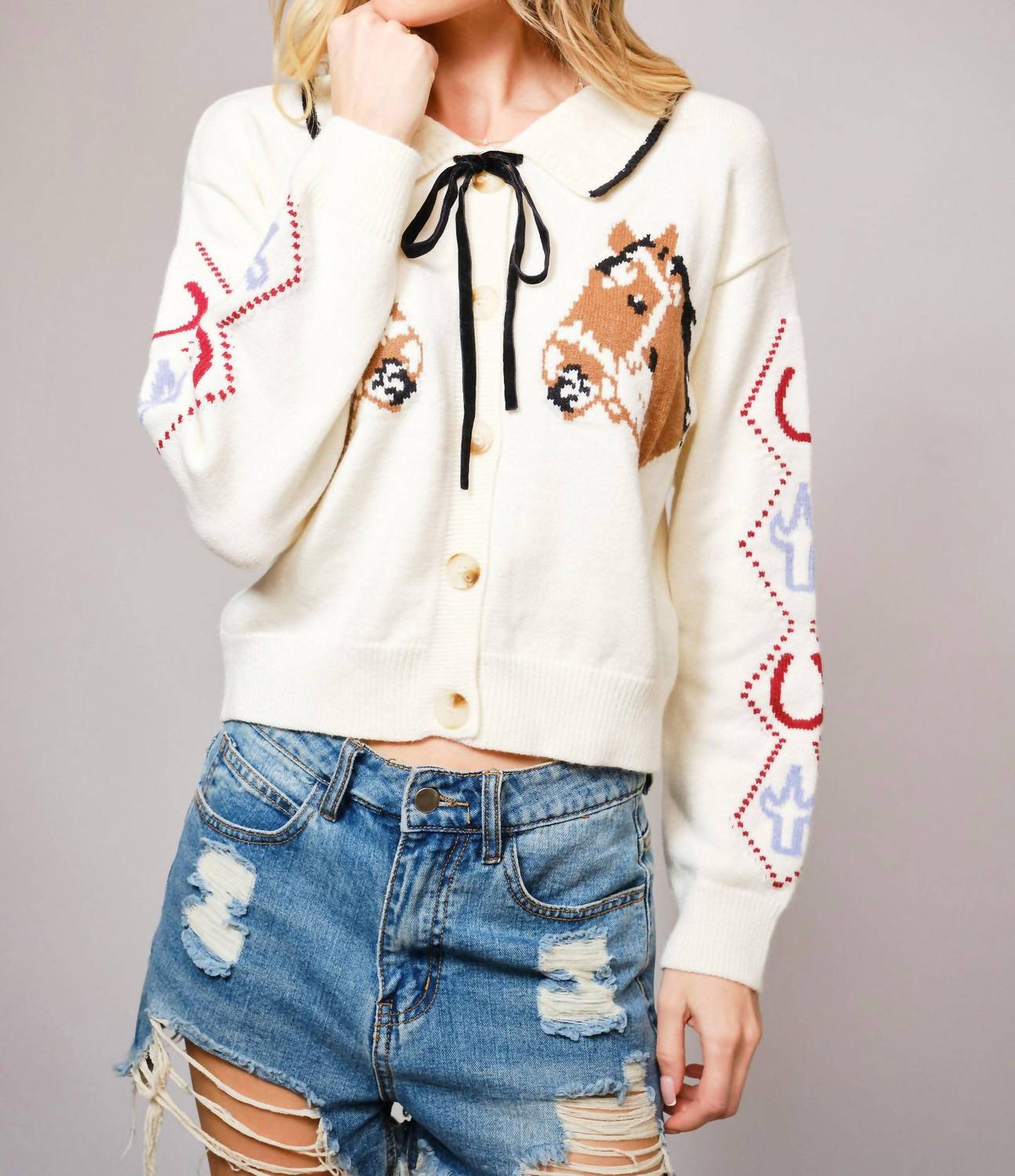 Blue B Horse Face Bow Tie Knit Cardigan in cream - women's cardigan