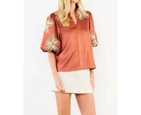 Thml - Shiny High Neck Floral Embroidery Top