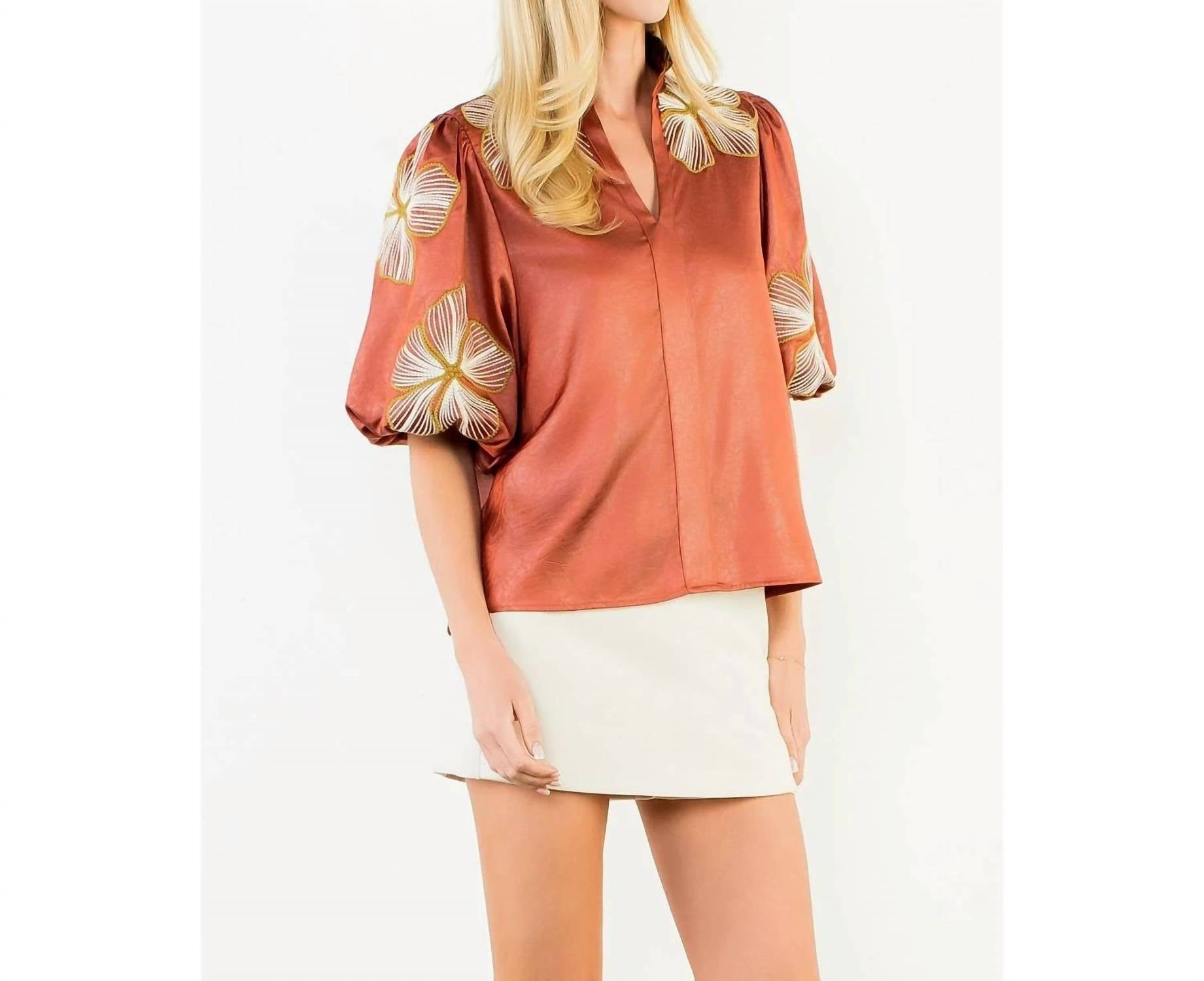 Thml - Shiny High Neck Floral Embroidery Top