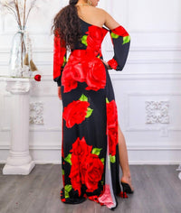Surelymine - Roses Are Red Asymmetrical Draped Floral Dress