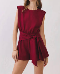 Tcec - Padded Shoulders Elasticized Waist Back Tie Romper