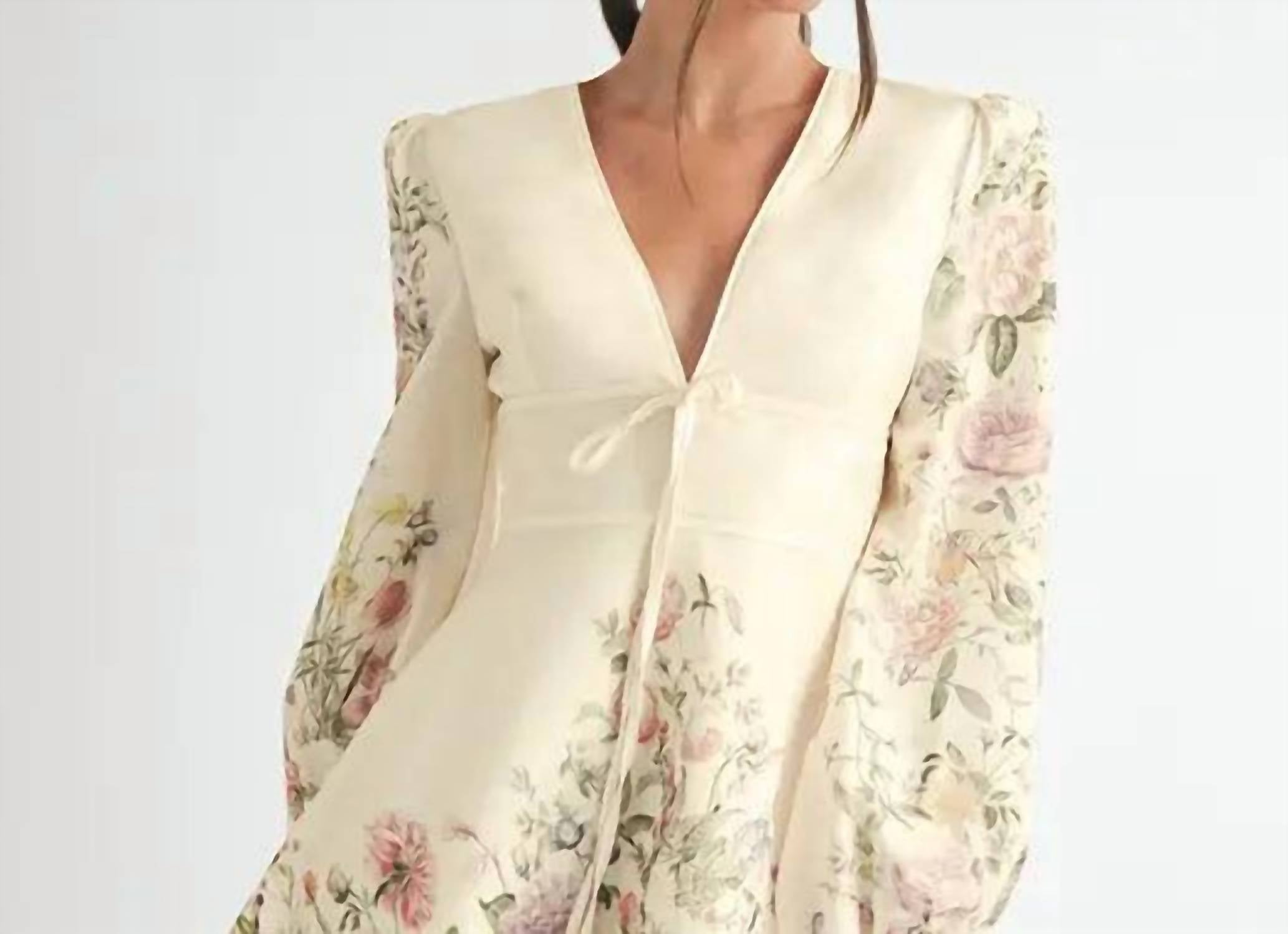 EB Luxe Women's Floral Long Sleeve Mini Dress in ivory combo - women's dress - detail view