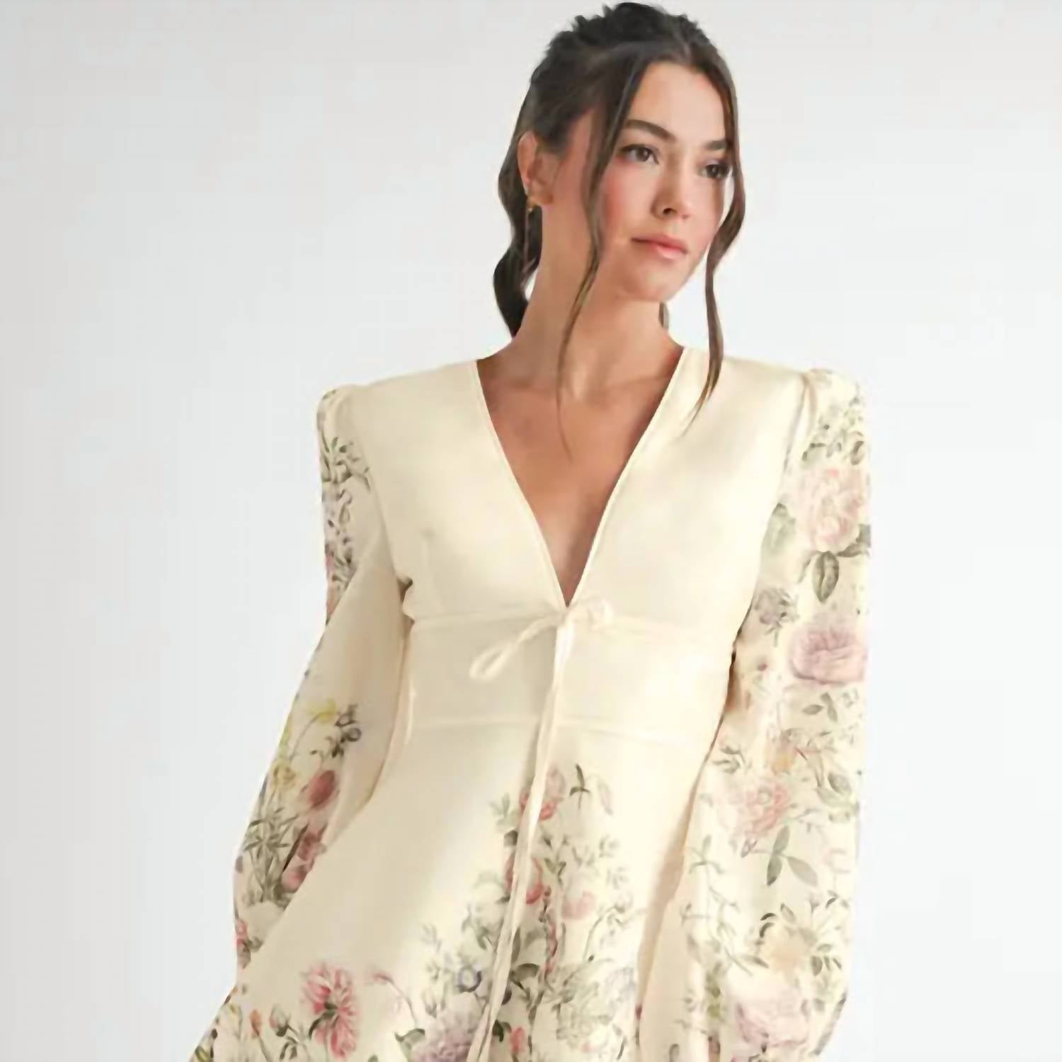 EB Luxe Women's Floral Long Sleeve Mini Dress in ivory combo - women's dress - alternate view