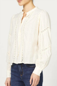 DEAR JOHN DENIM Alberta Long Sleeve Ruffle Blouse in whitecap gray - women's blouse - detail view