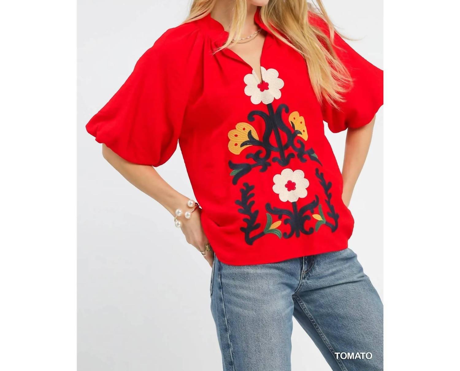 Style USA Embroidered Boho Top in tomato - women's blouse - alternate view