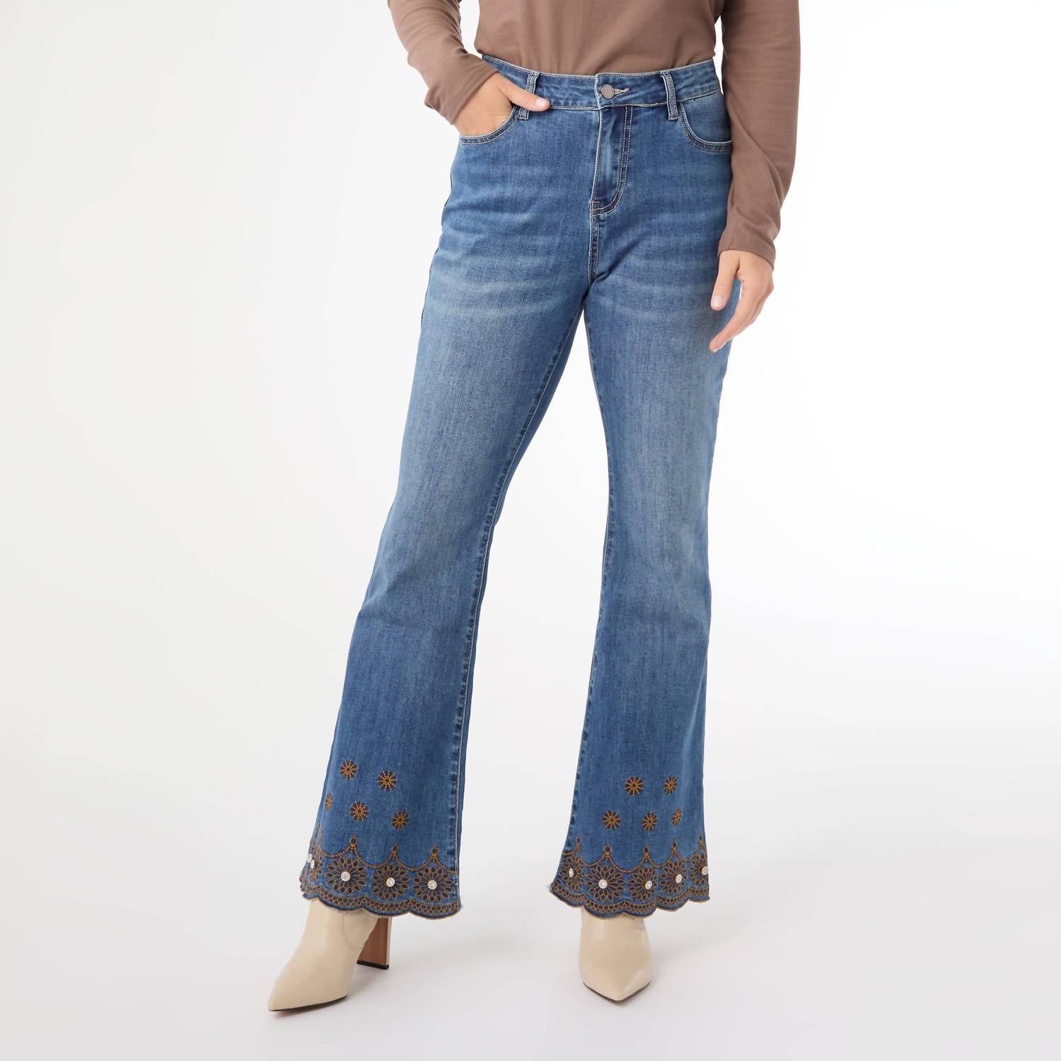 Coco + Carmen - Scalloped Beaded Bottom Flare Jeans