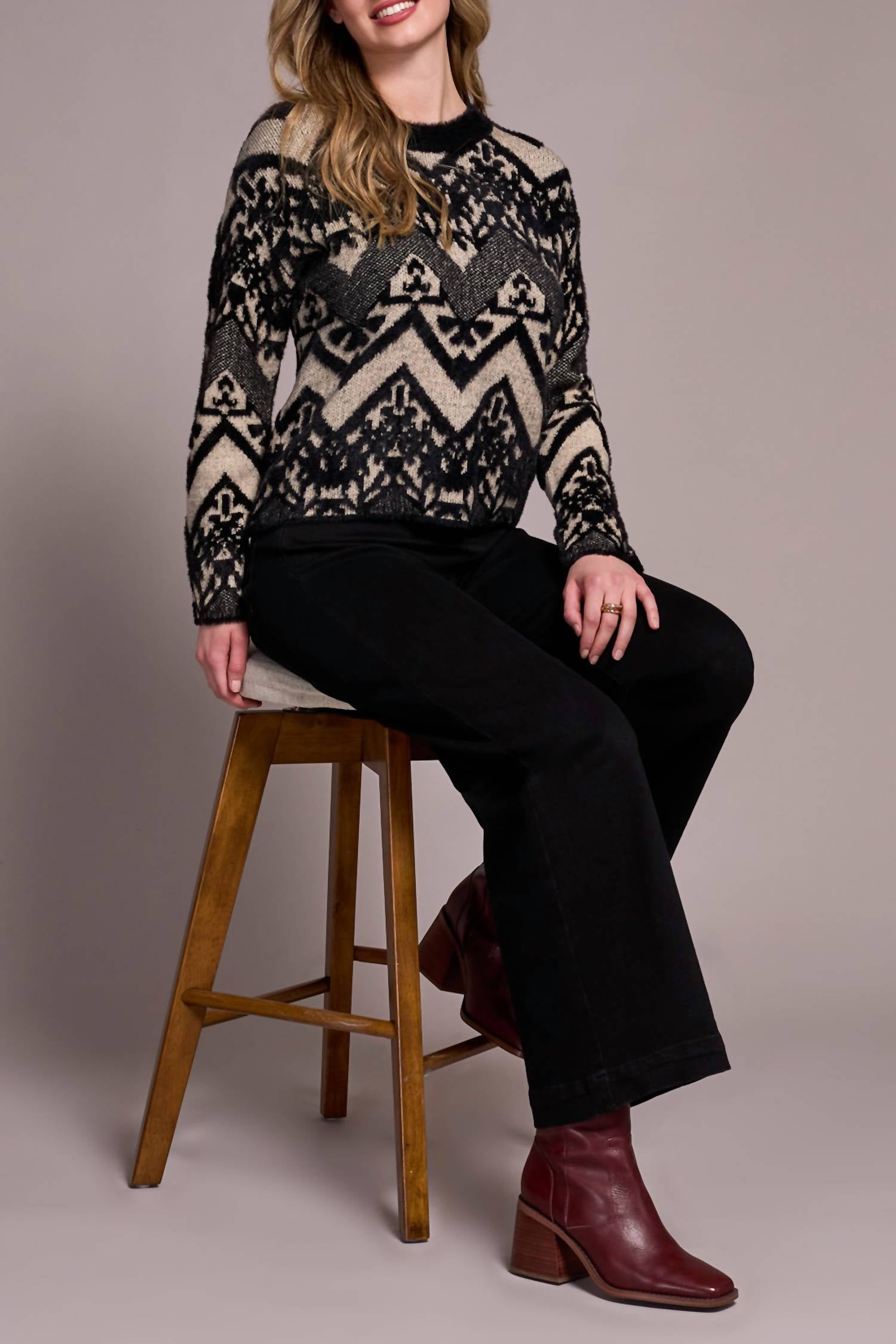 Tribal - Double-Knit Eyelash Yarn Crew Neck Sweater