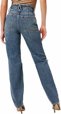 GOOD AMERICAN 90's High Rise Destroyed Straight Leg Jeans in blue - women's jeans - detail view