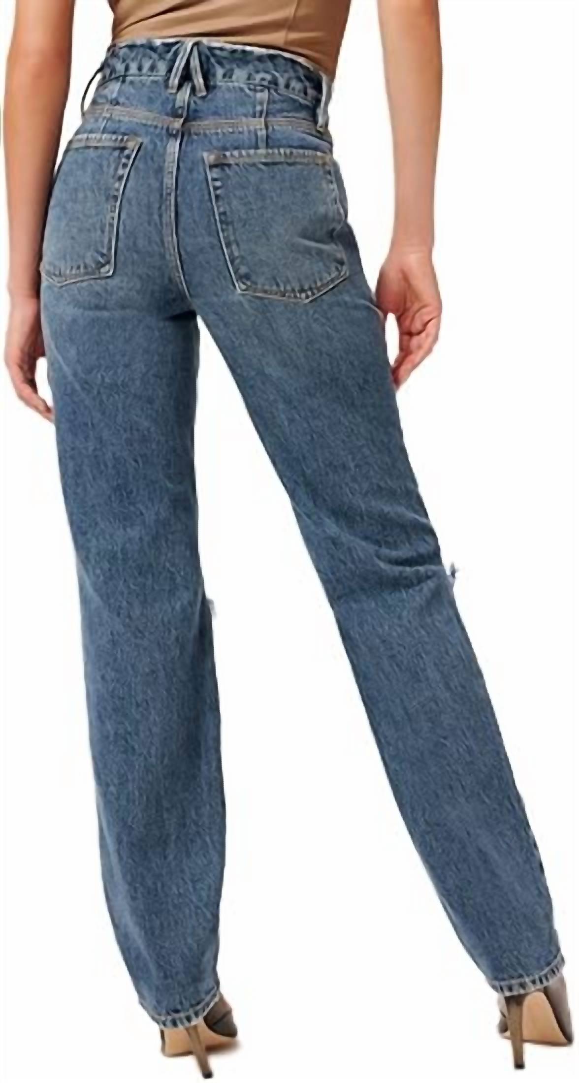 GOOD AMERICAN 90's High Rise Destroyed Straight Leg Jeans in blue - women's jeans - detail view