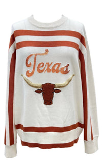 QUEEN OF SPARKLES Texas Longhorn Striped Long Sleeve Sweater in burnt orange white - women's sweater - view 5