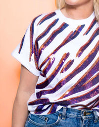 Bomb - Sequined Tiger Stripe Cuff Sleeve Tee Top