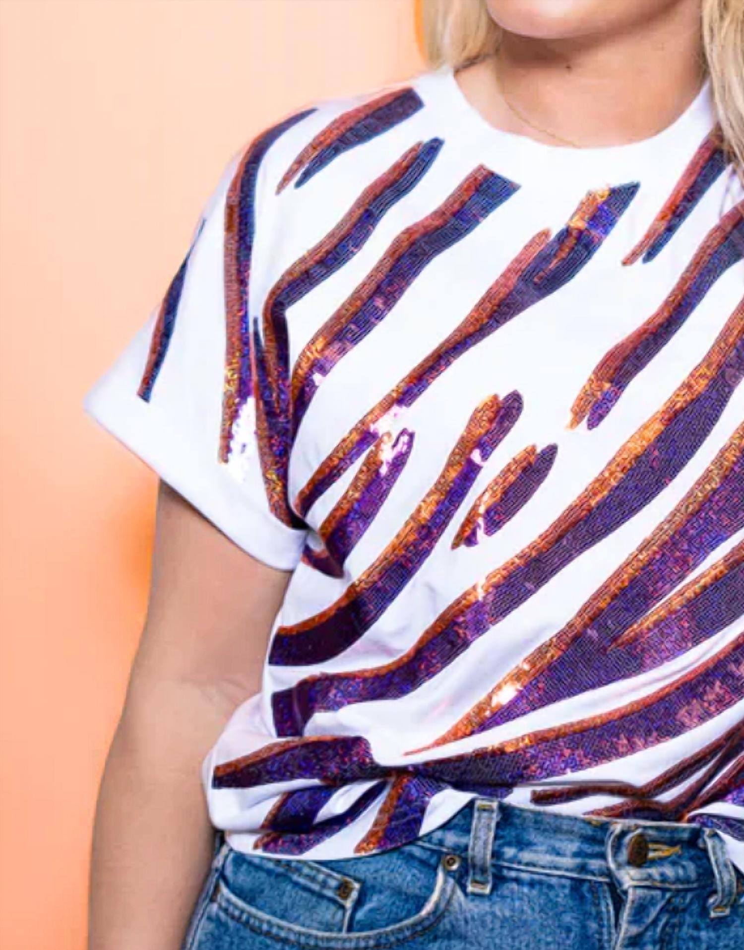 Bomb - Sequined Tiger Stripe Cuff Sleeve Tee Top