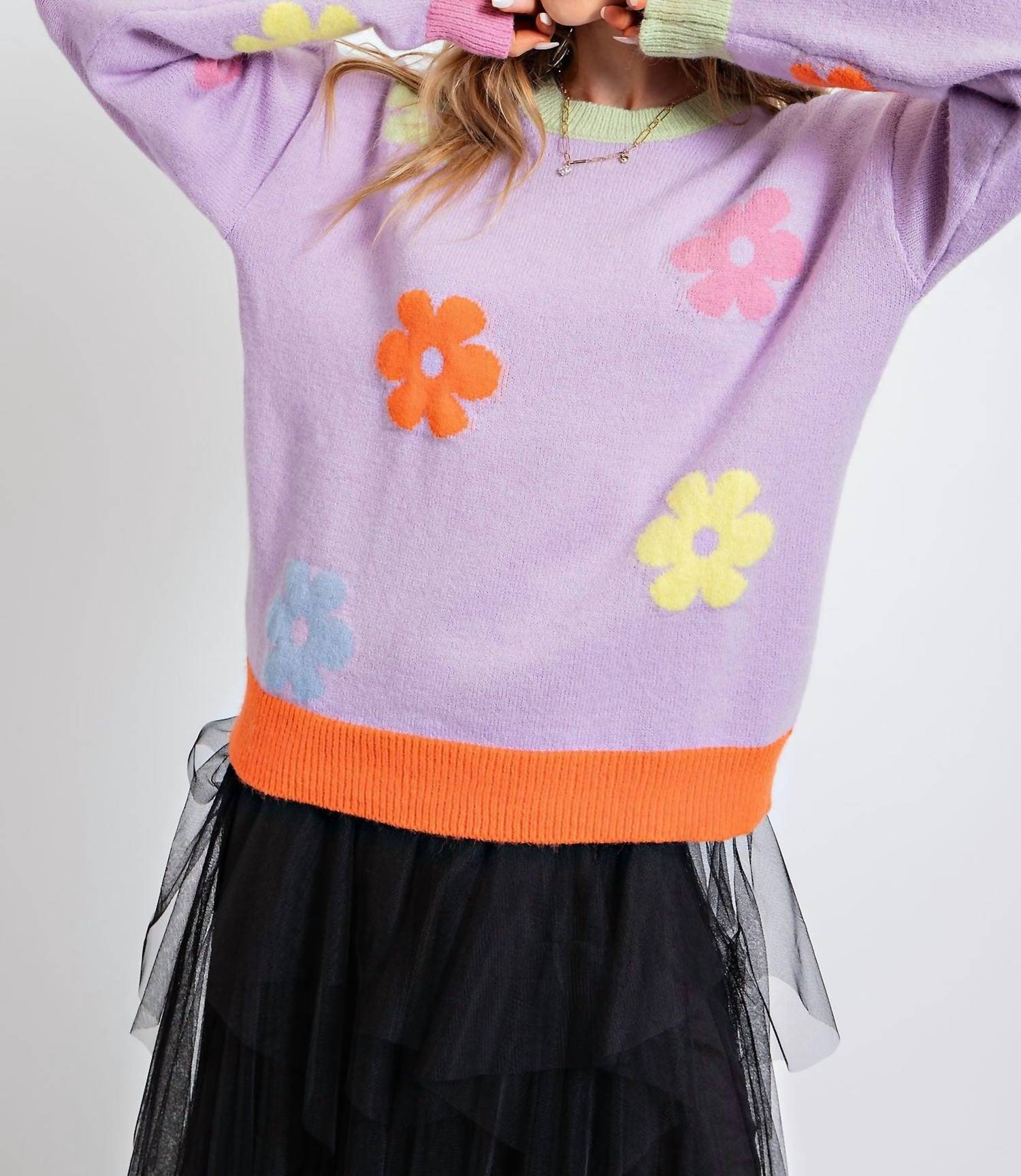 Easel - Daisy Patterned Knit Sweater Top