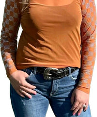 Sterling Kreek Rhinestone Checkered Mesh Top in burnt orange - women's blouse