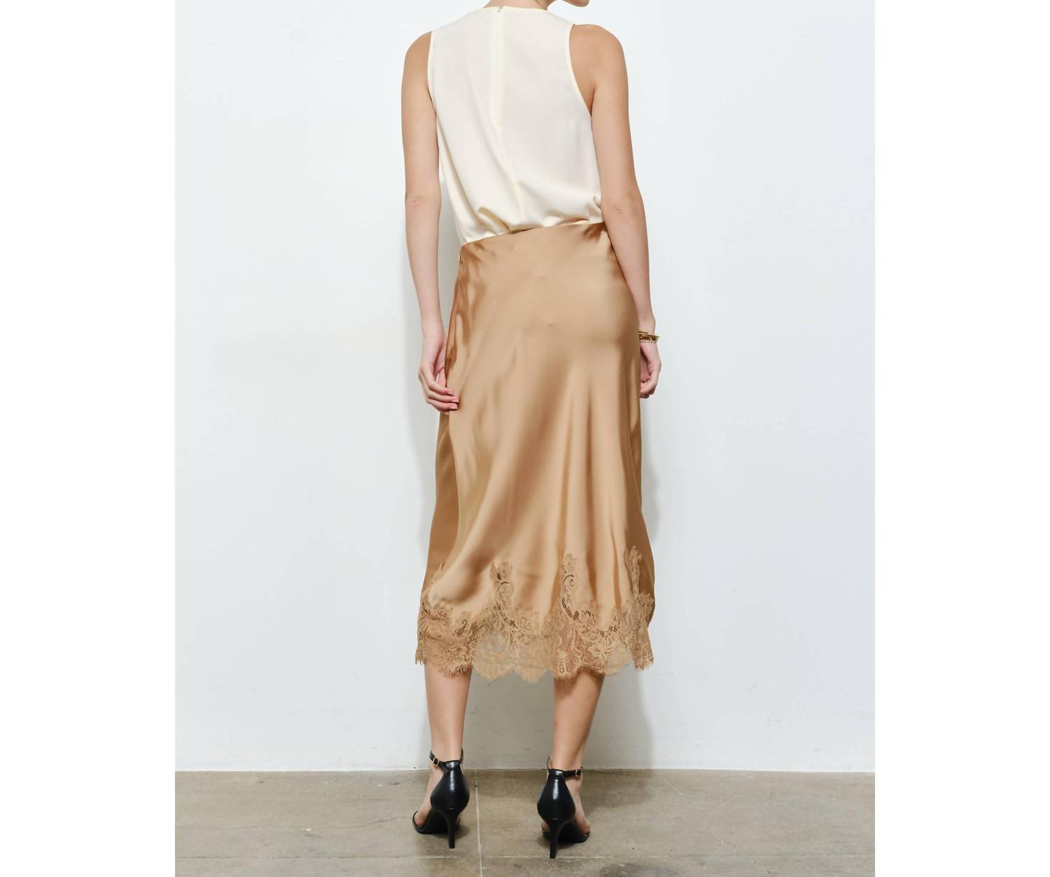 INA Fashion Classic Silky With Lace Hem Midi Skirt in gold - women's skirt - view 6