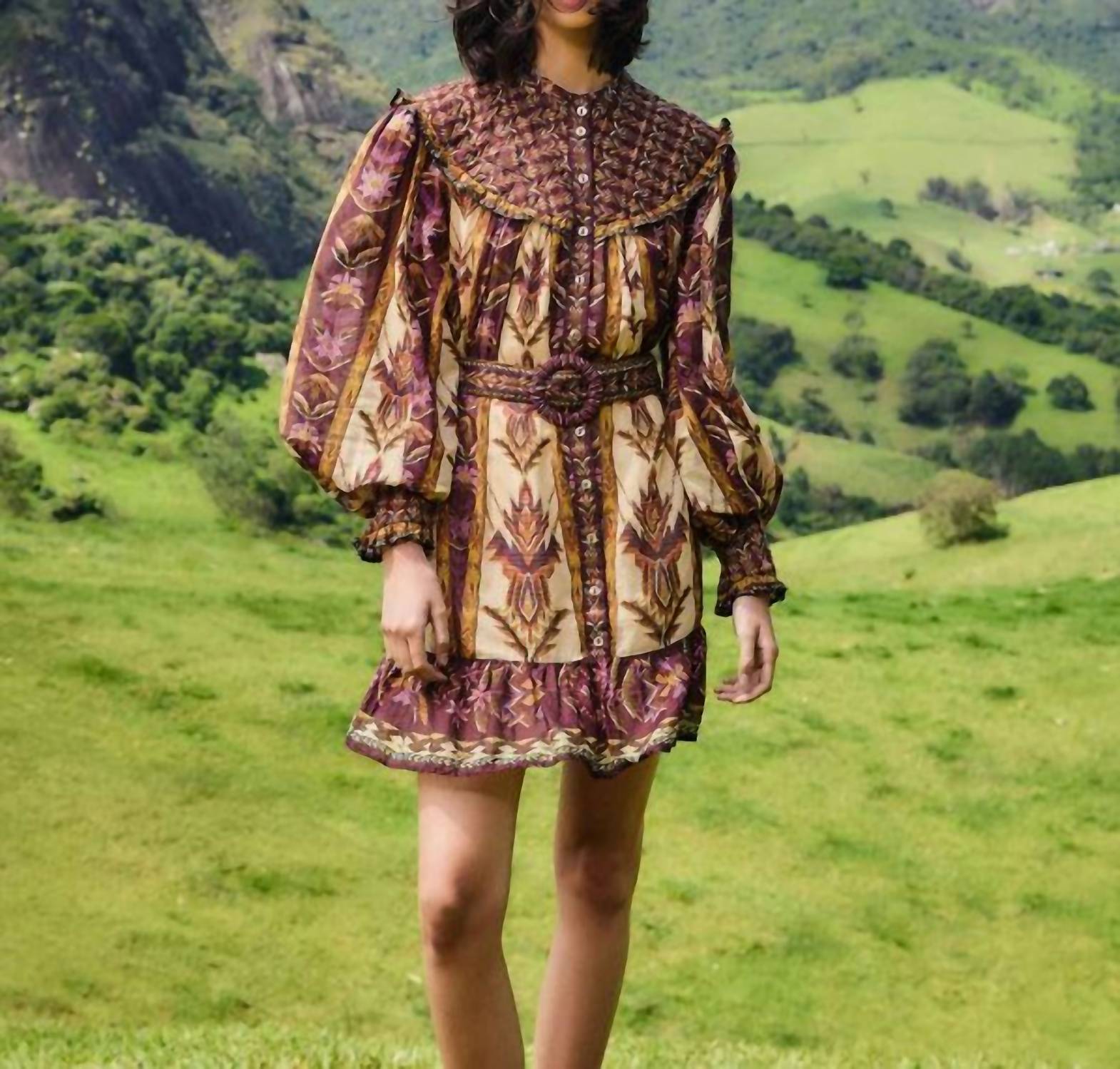 Farm Rio - Embroidered Tapestry Long Sleeve Mini Dress