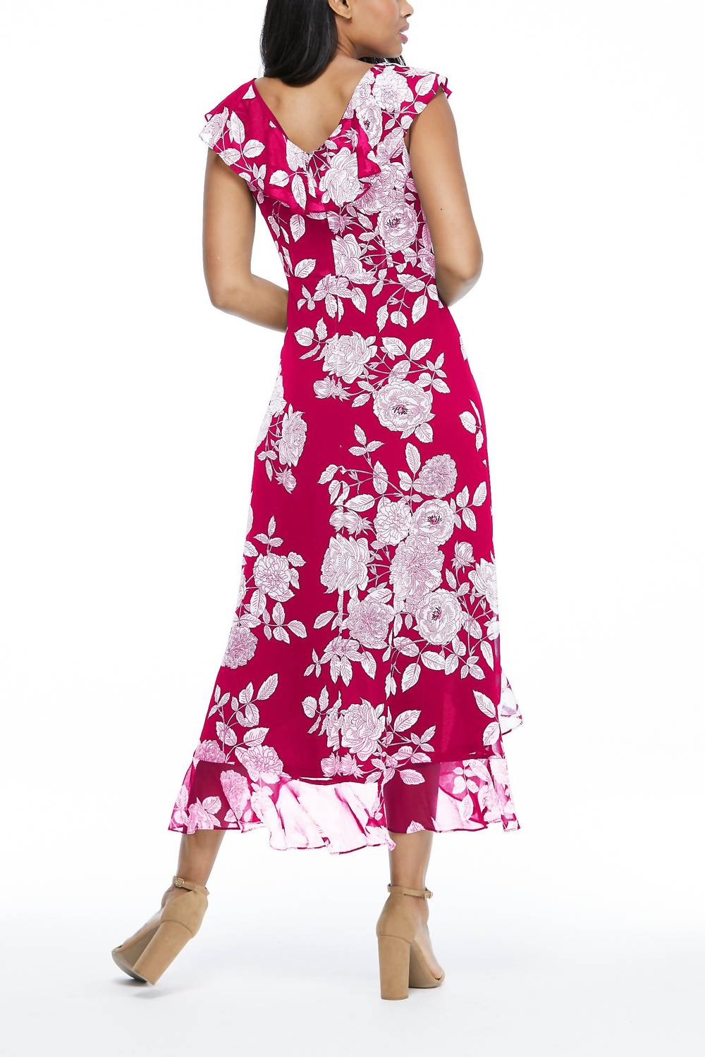 London Times - V-neck Ruffled Floral Print Chiffon Maxi Dress