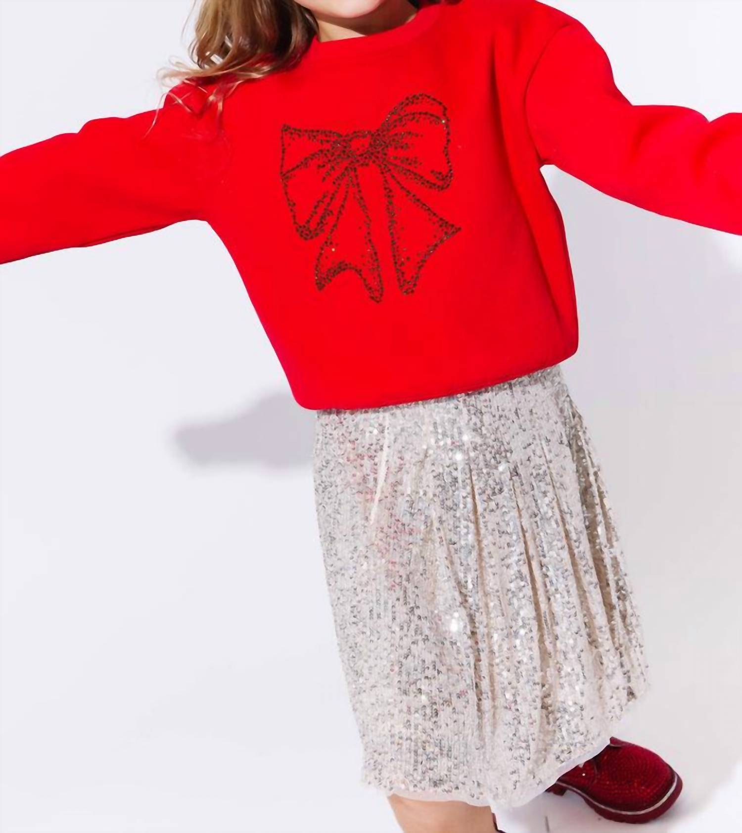 Lola + The Boys Shimmer Bow Sweatshirt in red - kids' shirt - alternate view
