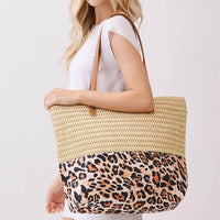 3Am By H&D Accessories - Women's Woven Straw & Leopard Print Tote Bag