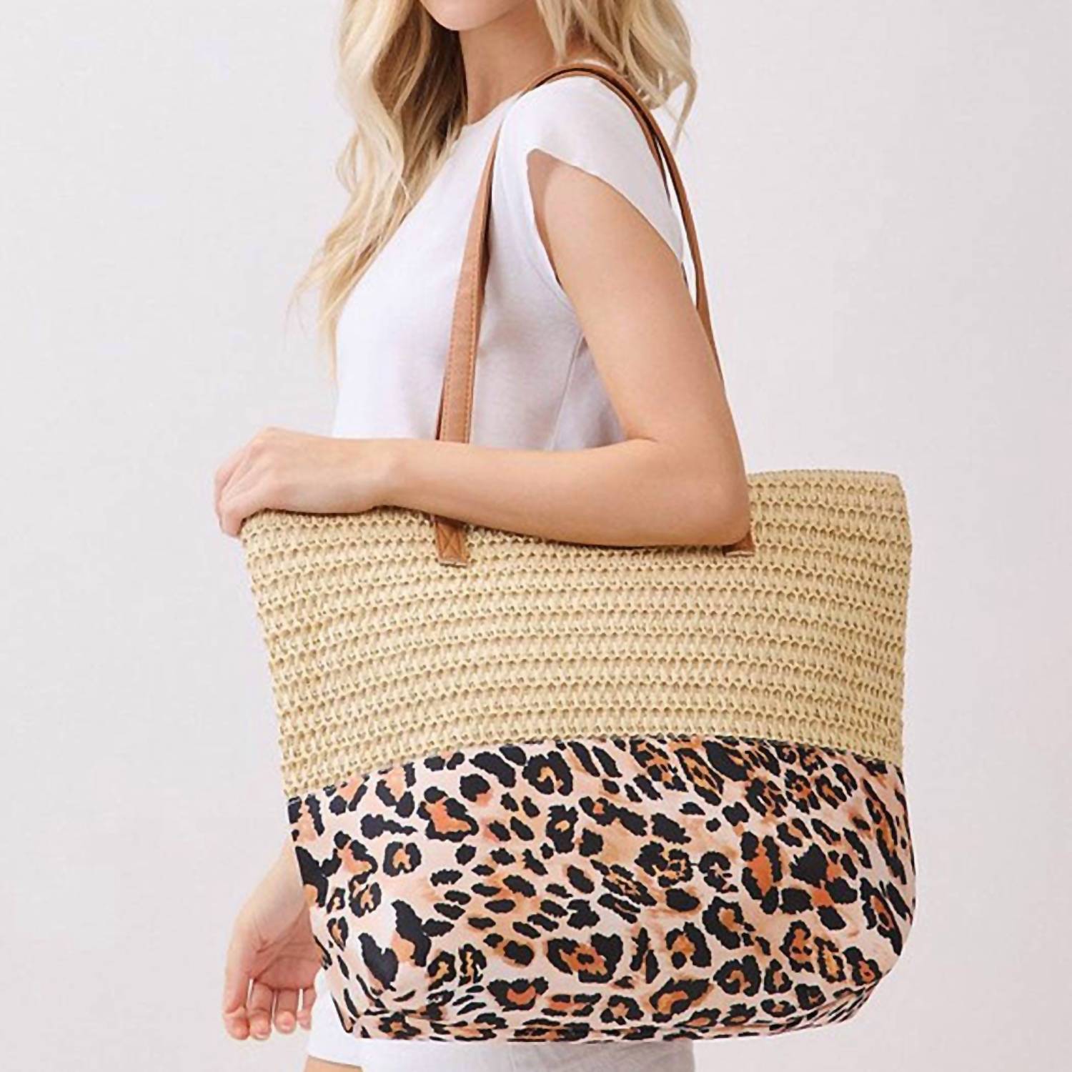 3Am By H&D Accessories - Women's Woven Straw & Leopard Print Tote Bag