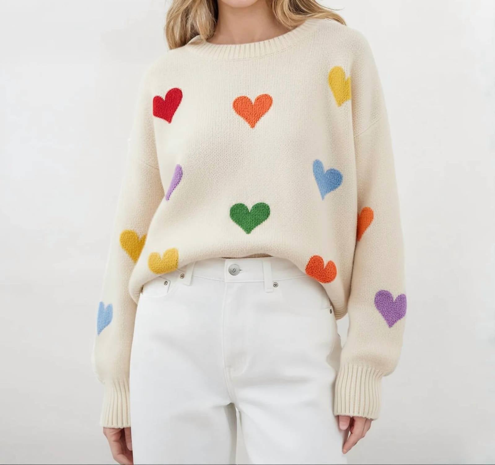 Mello - Heart Shaped Patterns Front Round Neck Sweater