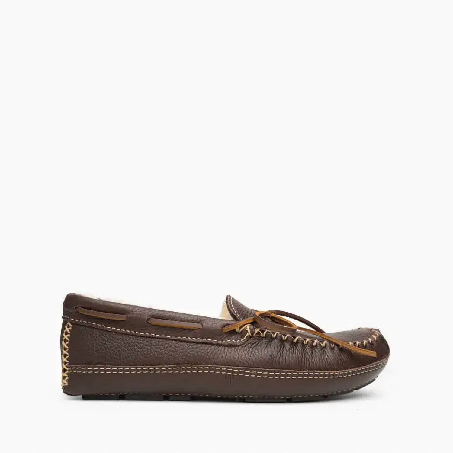 MINNETONKA Men's Sheepskin Moose Moccasin Slipper in chocolate - men's loafer - detail view