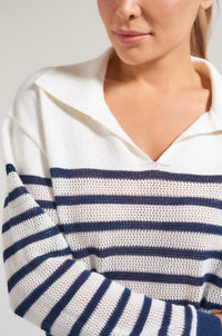 L'Oeuf Poche Pointelle Racquests Sweater in off white navy stripes - women's sweater - alternate view