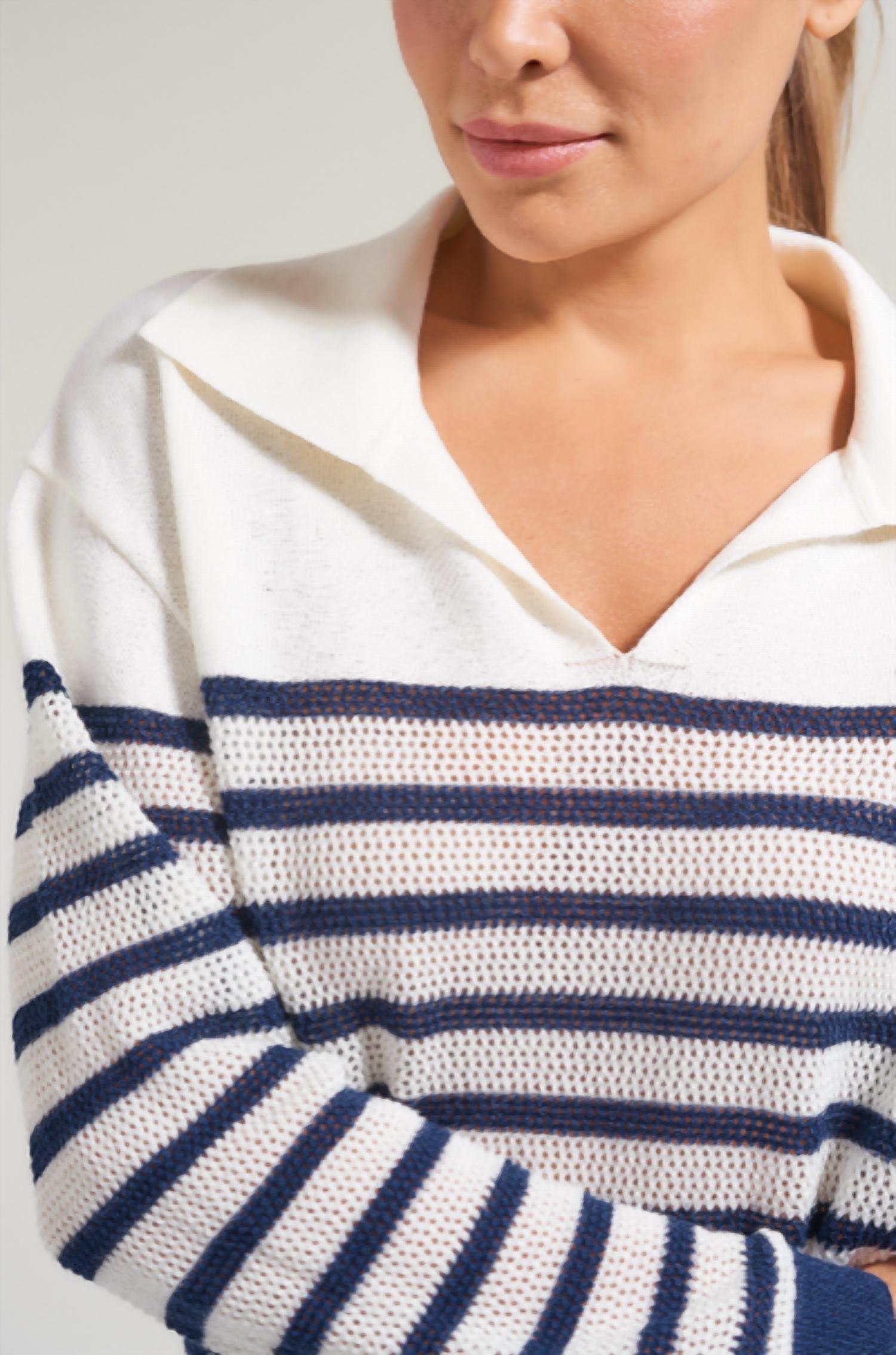 L'Oeuf Poche Pointelle Racquests Sweater in off white navy stripes - women's sweater - alternate view