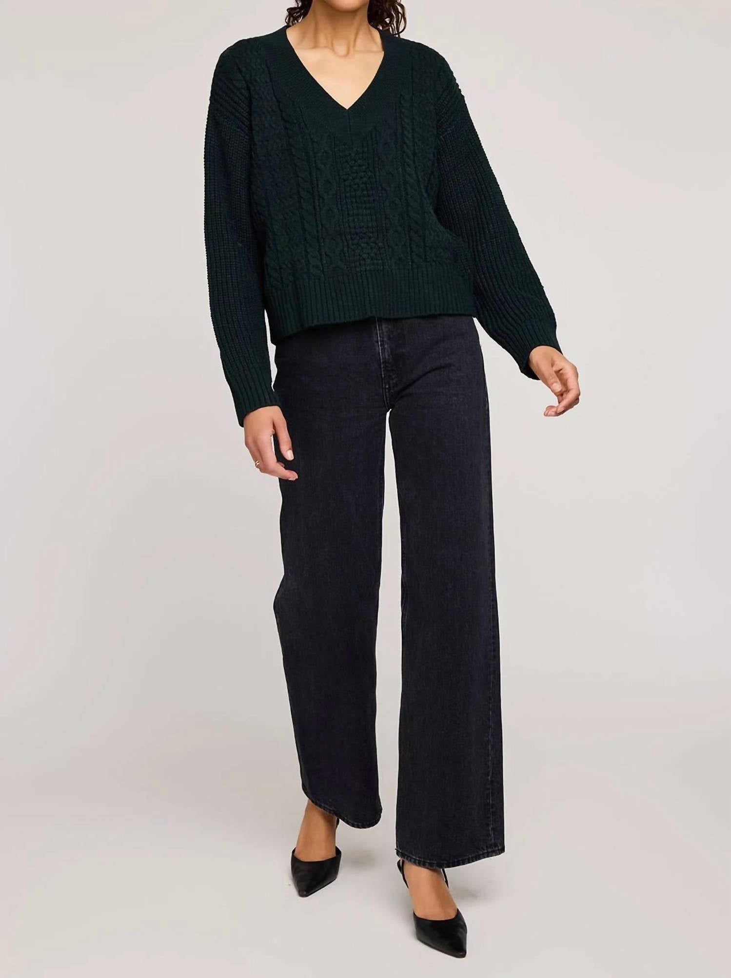 Gentle Fawn Marcie V Neck Cable Knit Pullover Sweater in wintergreen - women's sweater