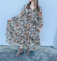 Promesa - Fall Blooms Tiered Floral Midi Prairie Dress