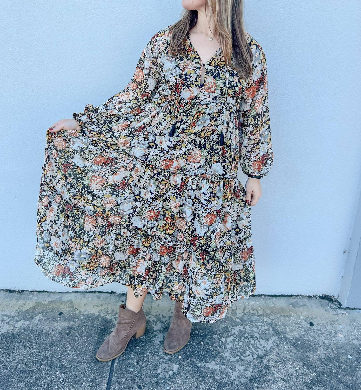 Promesa - Fall Blooms Tiered Floral Midi Prairie Dress