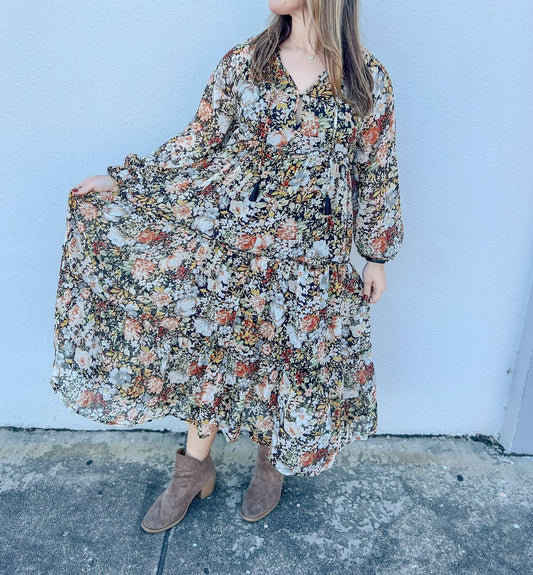 Promesa - Fall Blooms Tiered Floral Midi Prairie Dress
