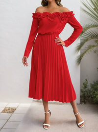 Ohsostyled - Off-shoulder Ruffle Pleated Midi Dress