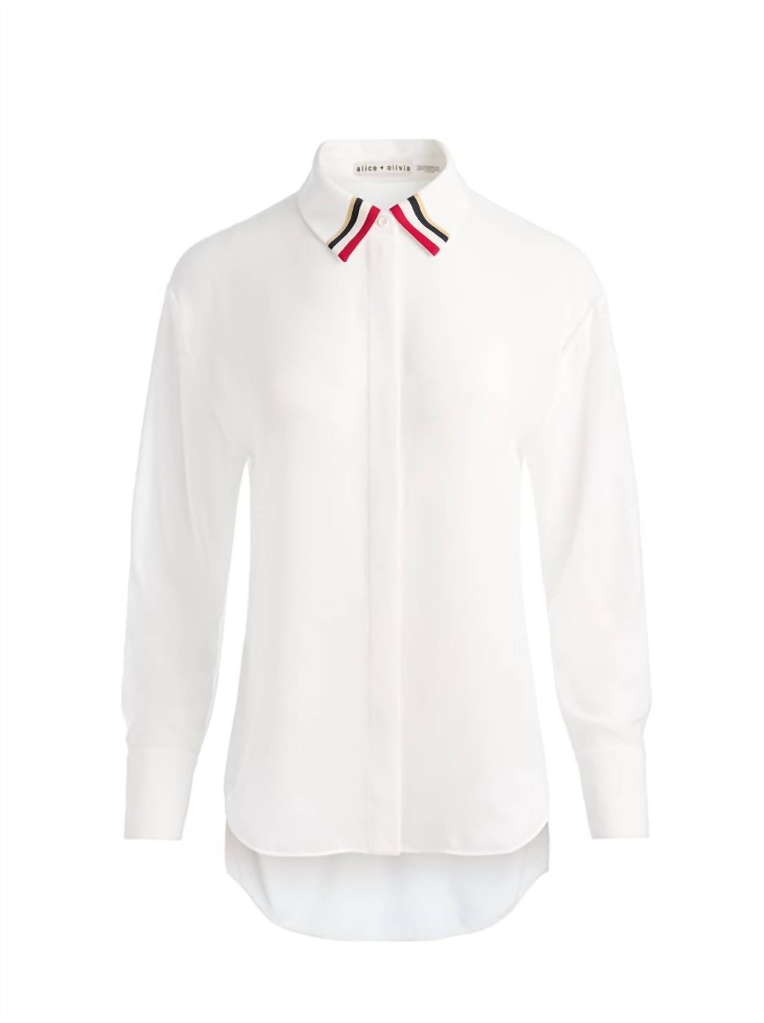 alice + olivia Dimitra Oversized Hi Lo Button Down Shirt with Trim in white - women's blouse - view 4
