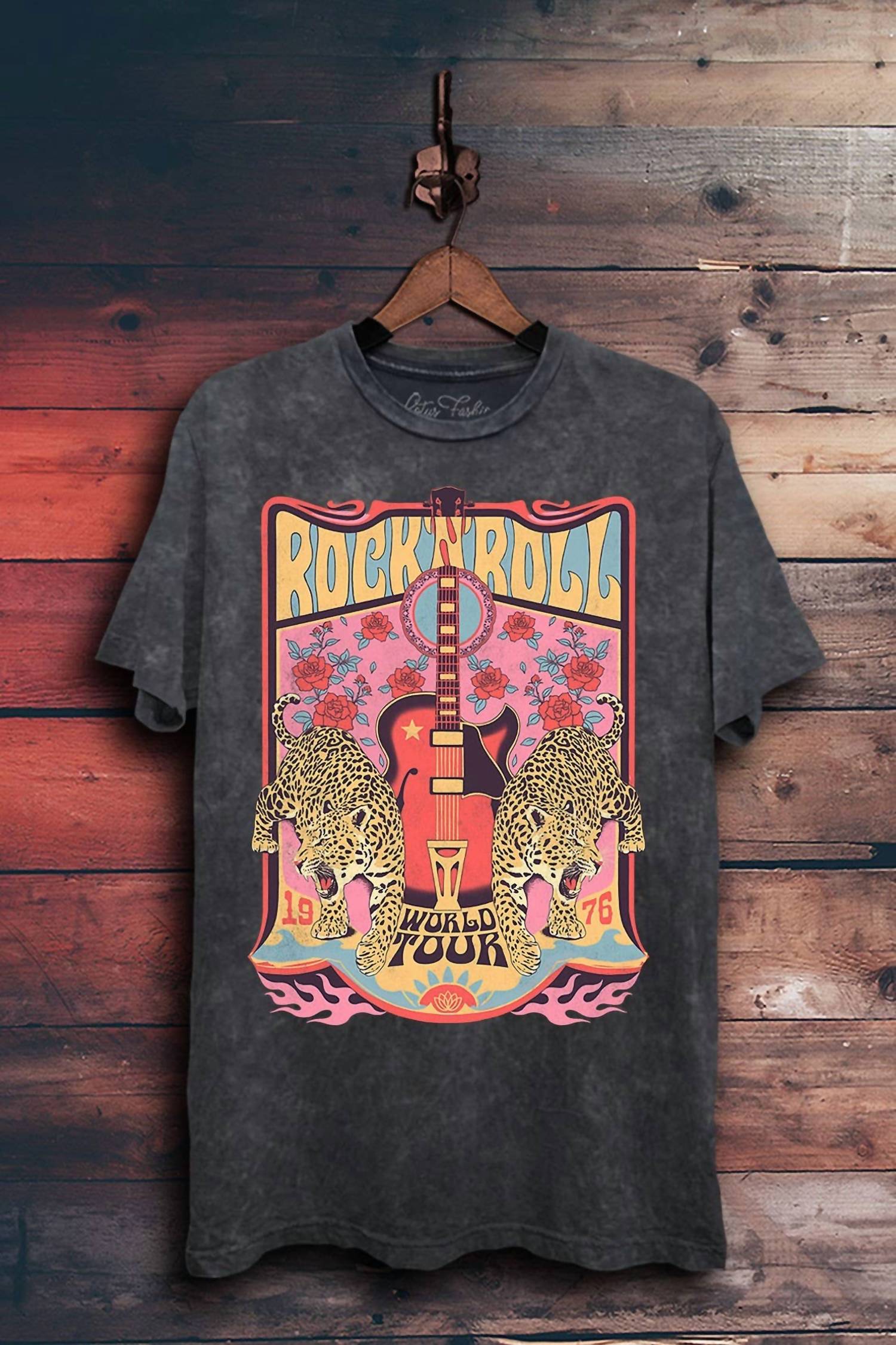 Lotus Fashion Collection World Tour Leopard Graphic Top in vintage black - women's t-shirt - detail view