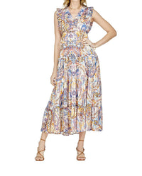 Jade Melody Tam - Ruched V-neck Ruffle Sleeve Maxi Dress