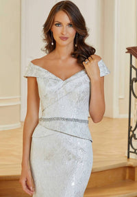 MGNY Regal Brocade Evening Dress in silver - women's dress - alternate view