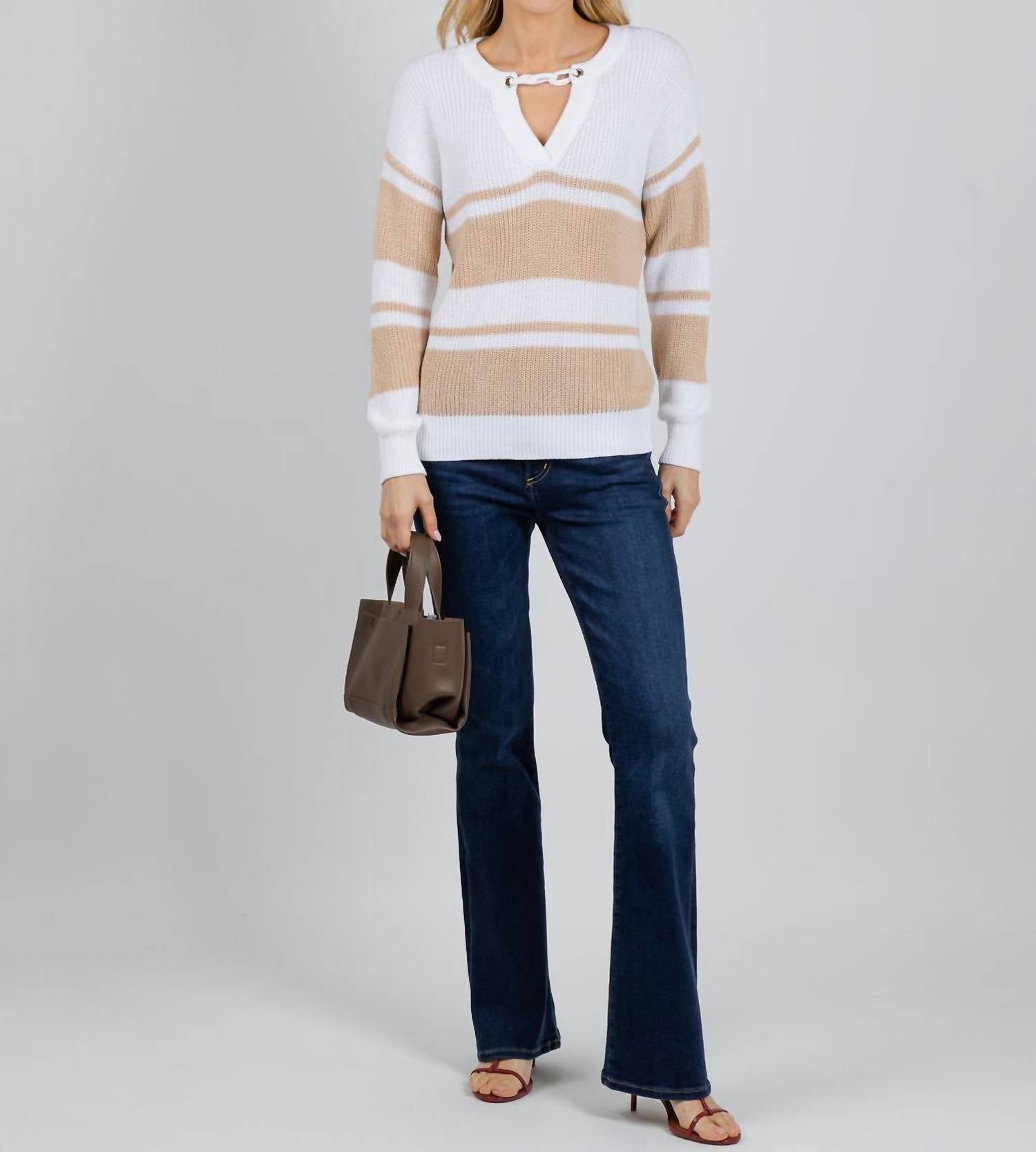 Autumn Cashmere Shaker Stripe Sweater With Crochet Chain Detail in bleach white latte - women's sweater - detail view