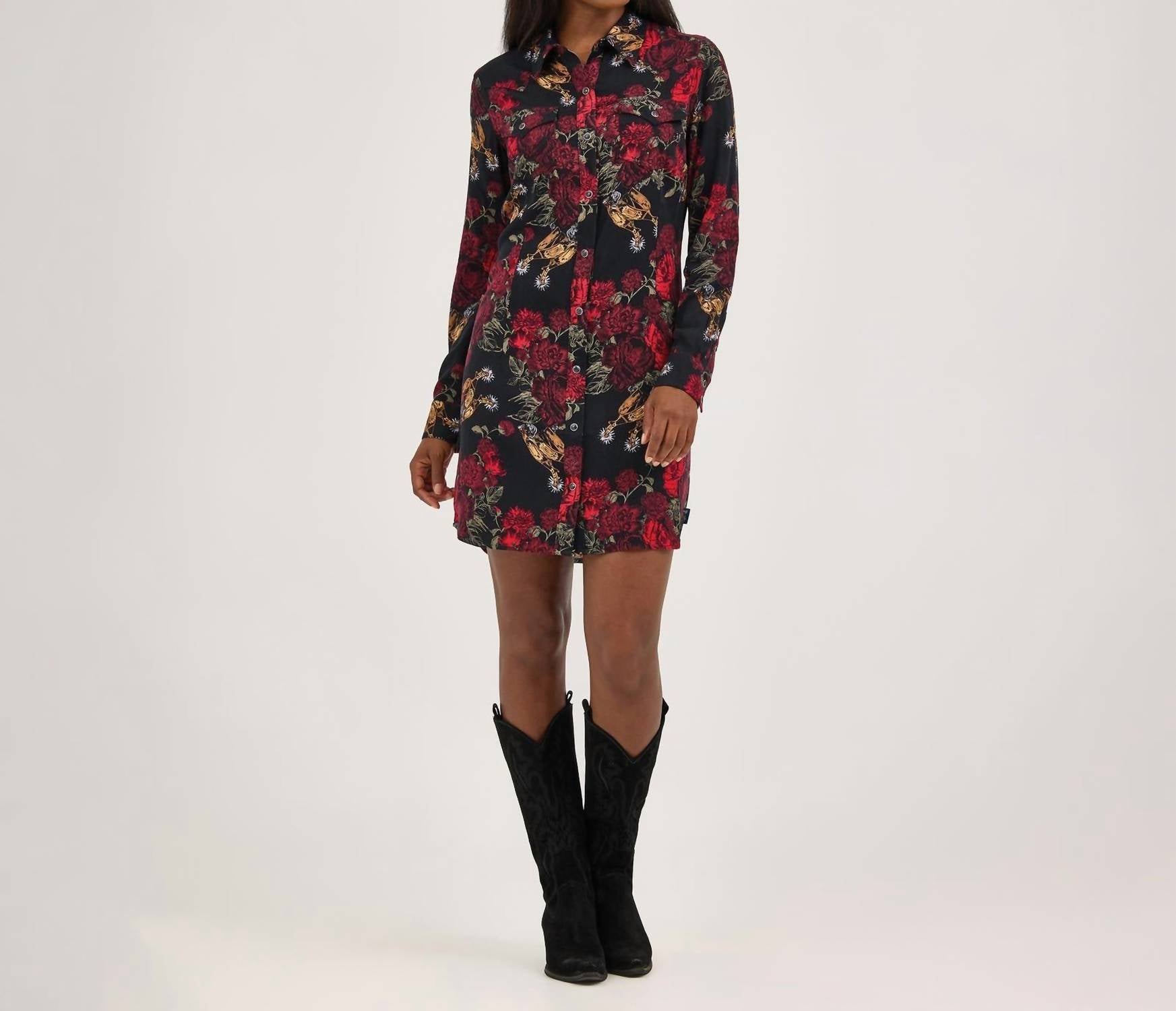 Wrangler Retro Punchy Western Snap Mini Dress in black - women's dress